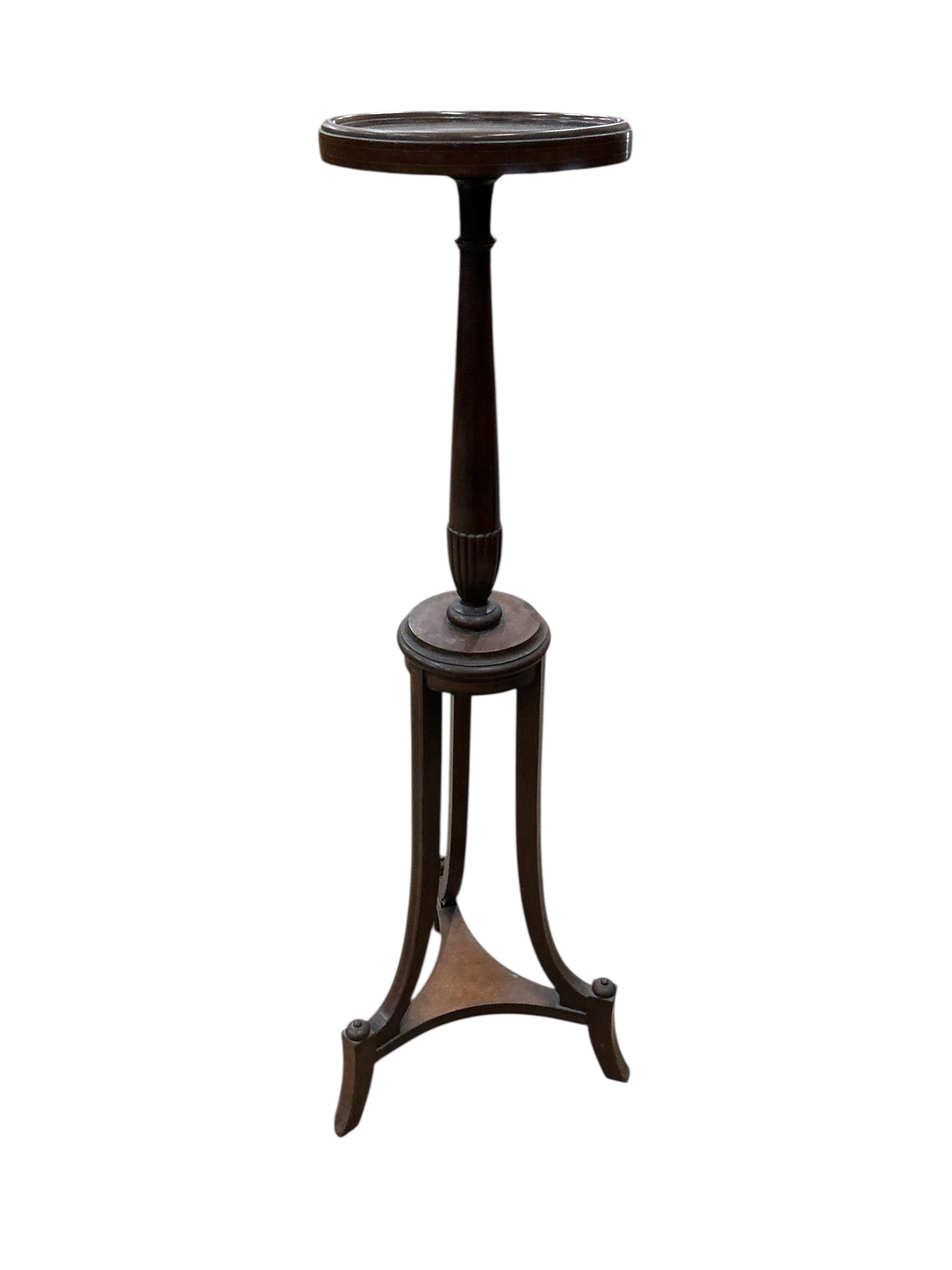 An Edwardian satinwood banded mahogany torchere, height 106cm